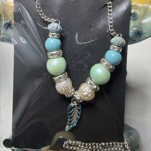 mine Turquoise & Mint Beaded Necklace with Teal Leaf Charm